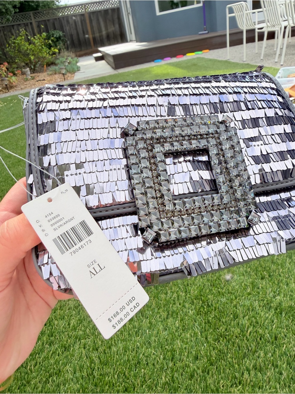 Anthropologie Silver Sequin Clutch with Crystal Buckle